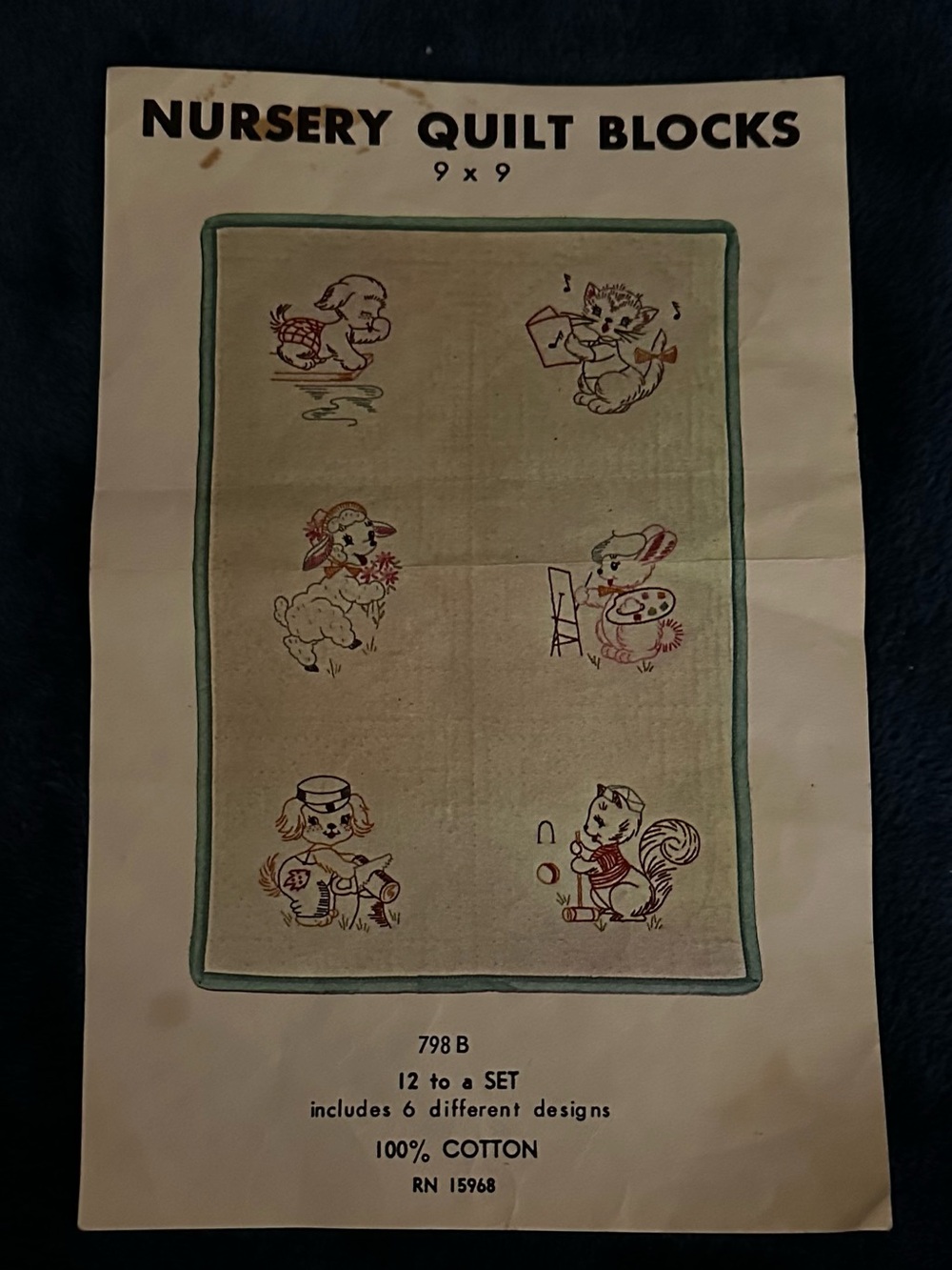 Vintage 70s Vogart Embroidered Cotton  Quilt Blocks 9x9 Completed